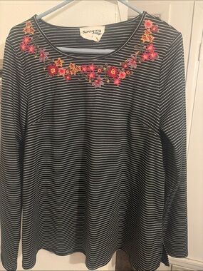 Savanna Jane Black & White Striped Long Sleeve Top with Embroidered Floral Neck
